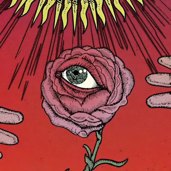 Een roze roos met een oog op de plek van de bloemblaadjes, met stralende zonnestralen en handen eromheen.
