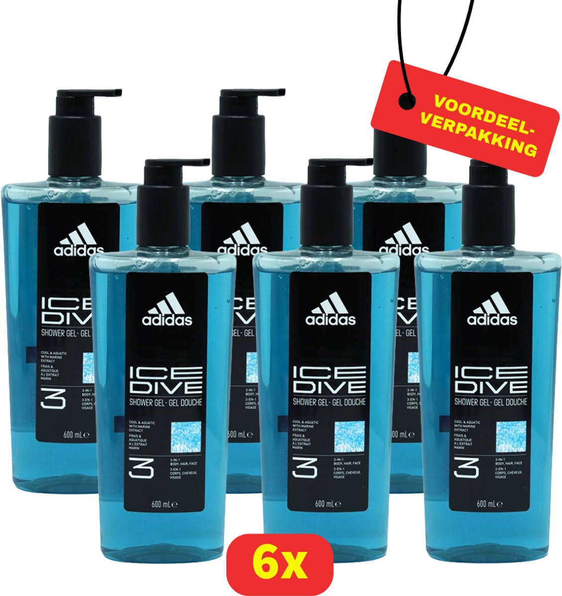 Adidas Ice Dive 3-in-1 Douchegel met Pomp – Lichaam, Gezicht & Haar – 6x 600 ml - Voordeelverpakking!