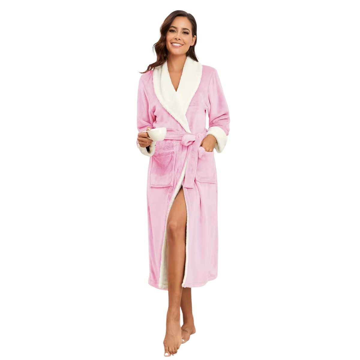 Currero Badjas Dames - Fleece - Katoen - Badstof - Sauna - Hamam - Wafel - Bathrobe - Duster - Ochtendjas - Spa - Kimono - Roze+Wit