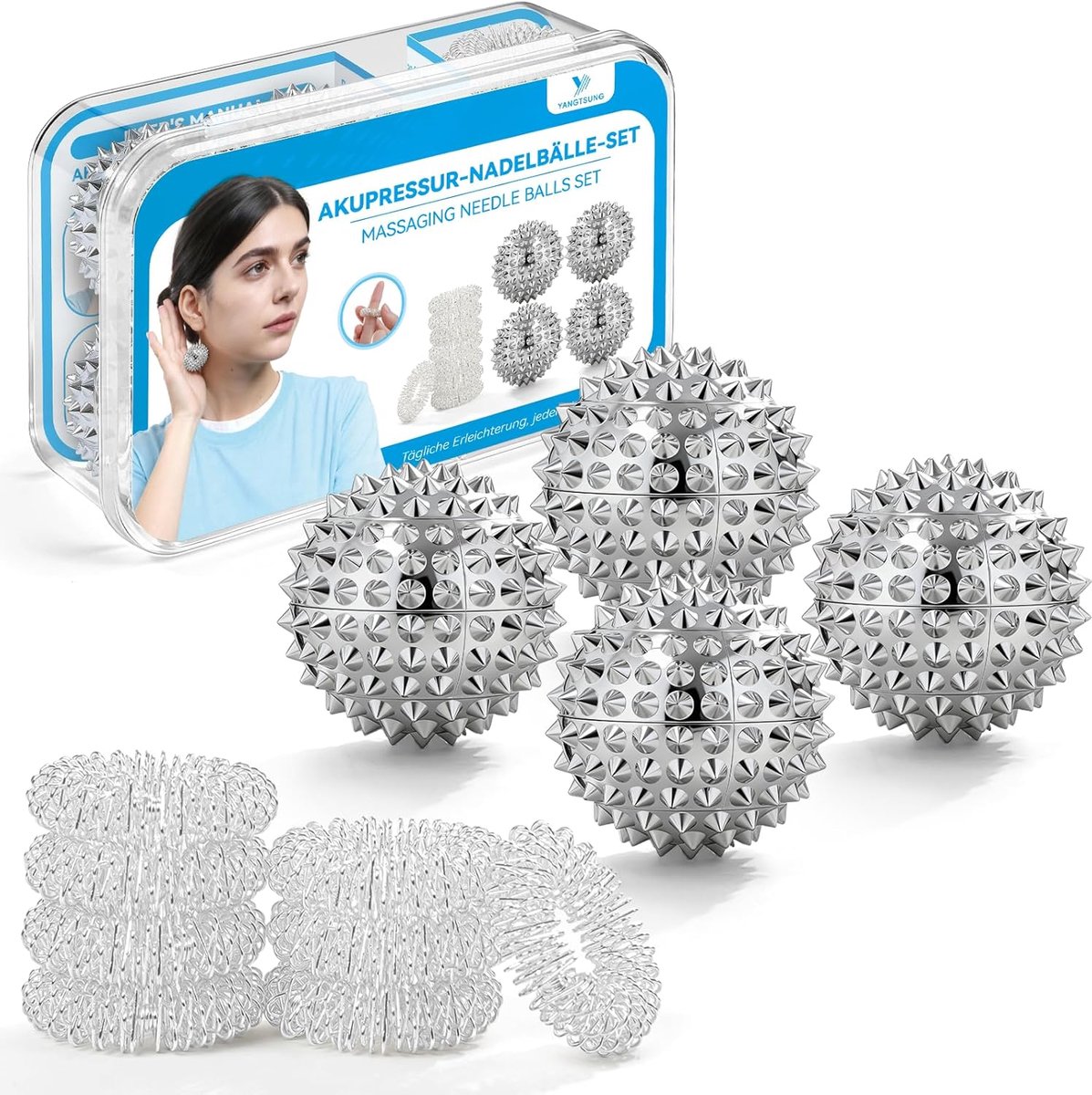 SnelShoppen - Massage Ball Set - 4 Magnetische Massageballen + 8 Acupressuur Ring Vingers - Stressverlichting, Ontspanning, Hand- en Voetmassage, 27mm