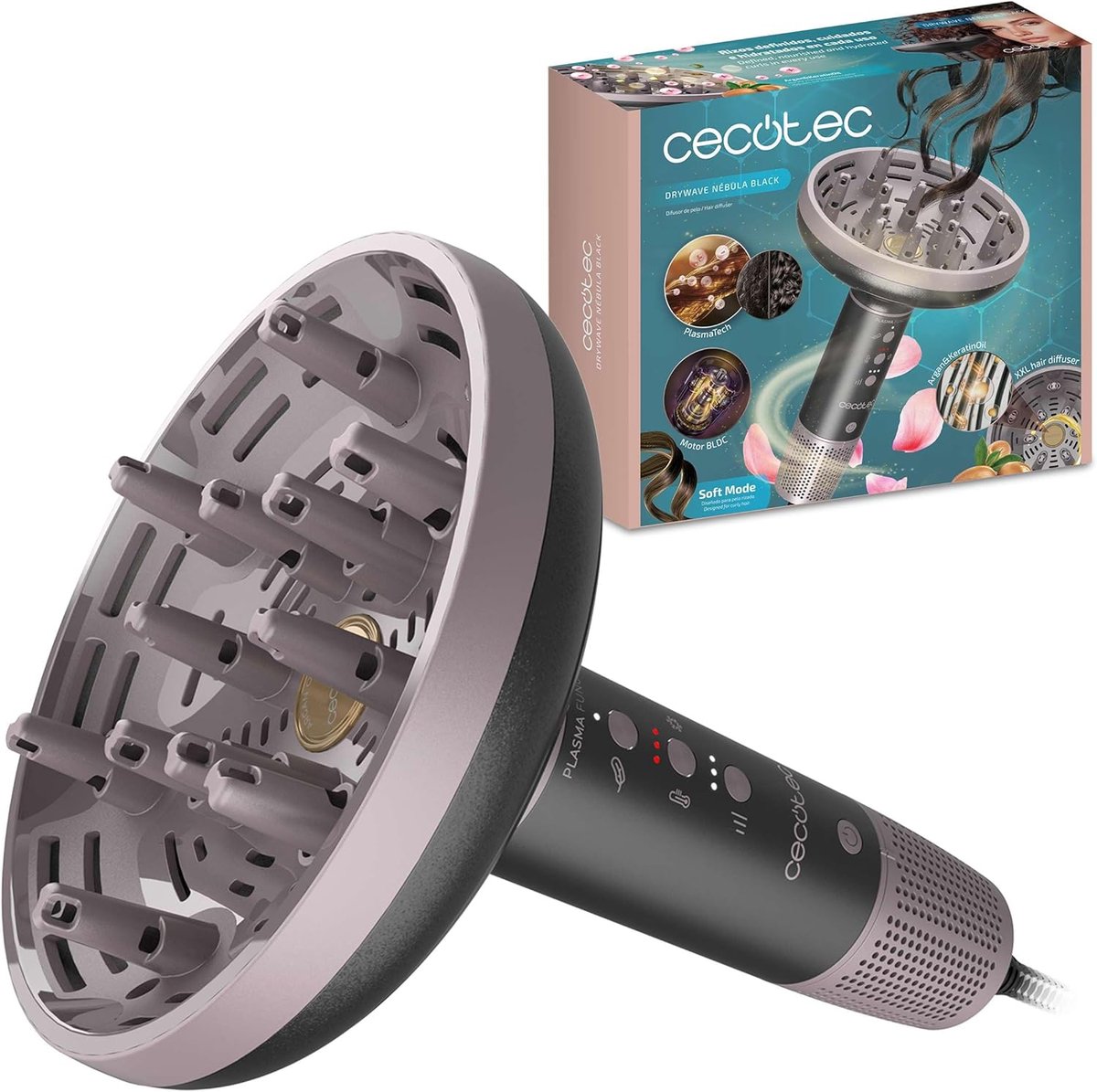 SnelShoppen - Diffusor Haardroger voor Krullen XXL 1300W met Arganolie en Keratine, PlasmaTech Antifrizz, 3 Snelheden, Ergonomische Greep, Zwart