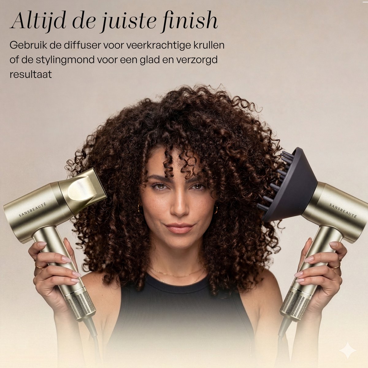 Sansbeauté® Föhn met Diffuser - Krullen - 110.000RPM - Ionische Haardroger met Borstel - 3 Standen - 3 Opzetstukken - Reisföhn - Sèche Cheveux - Krul Feun Set - Haarföhn met Defuser - Hair Blow Dryer - Kappersfohn - 2000W thumbnail 4