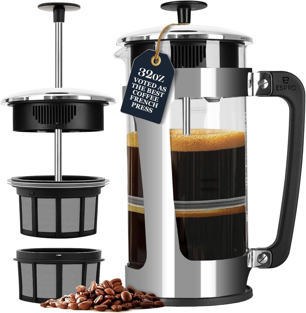 Thijox - French Press Koffiezetter P5, Chroom, 1L en 0,55L, Glazen Koffie Pers, Roestvrij Staal, Voor Koffieliefhebbers, Keuken, Feest, Camping