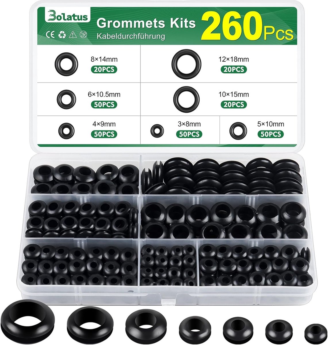 Dailygoods - 260 stuks kabeldoorvoer rubber, Bolatus doorvoertules 7 maten set rubberen doppen, kabeldoorvoer rubberen stoppen voor elektrische installatie, kabelkanaal, kabelbescherming, zwart