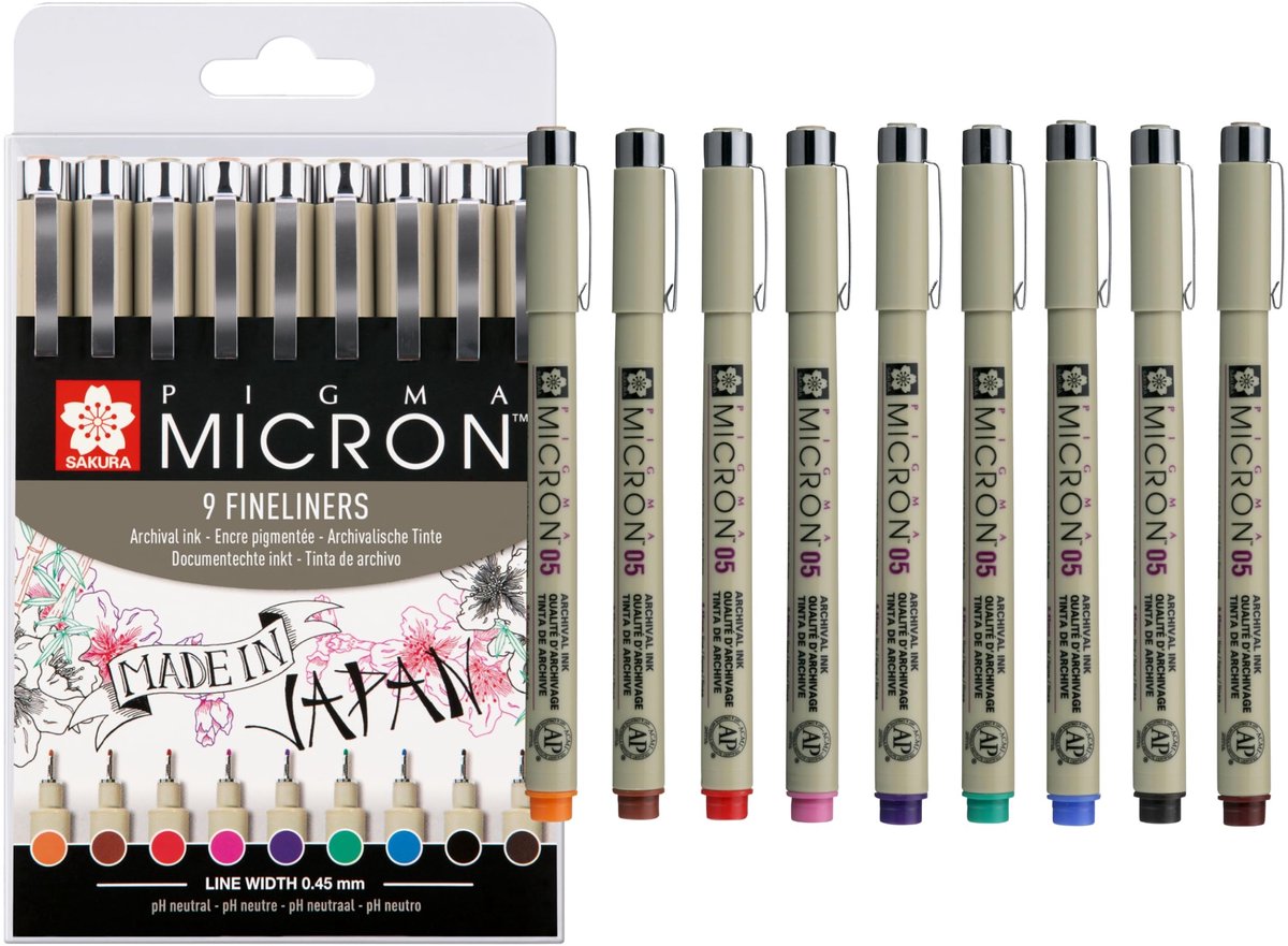 Dailygoods - Pigma Micron 05 Fineliner Set van 9 Kleuren - Watervaste Inkt