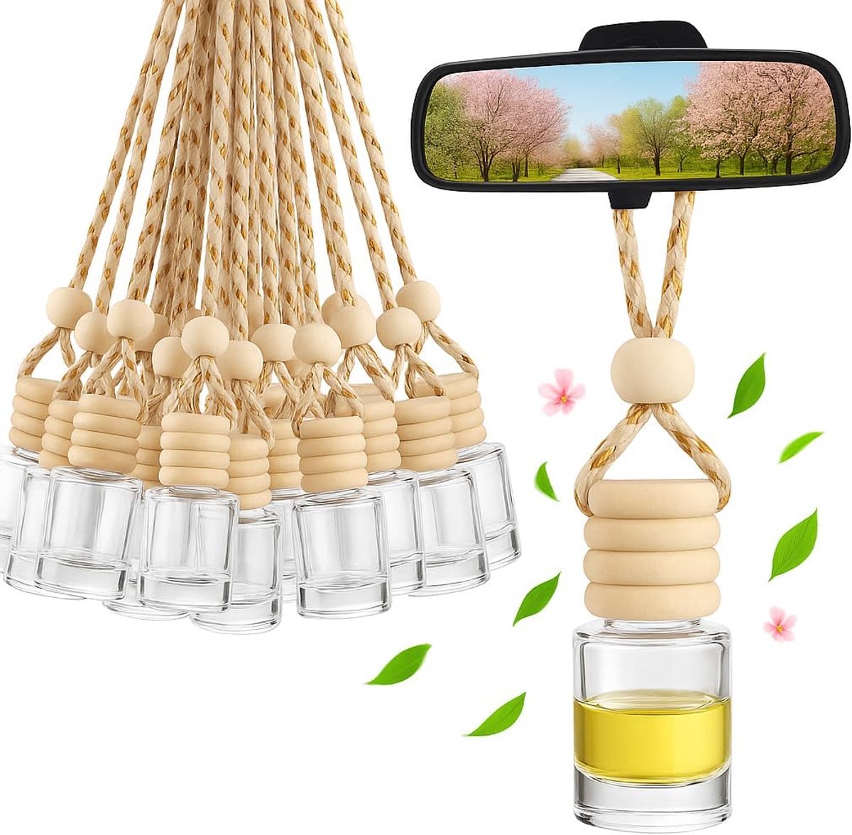Thijox - 30 stuks Auto Parfum Glazen Flessen 8 ml, Leeg, Navulbaar, Aromatherapie Diffuser met Houten Afdekking, Perfect voor Eigen Luchtverfrisser en