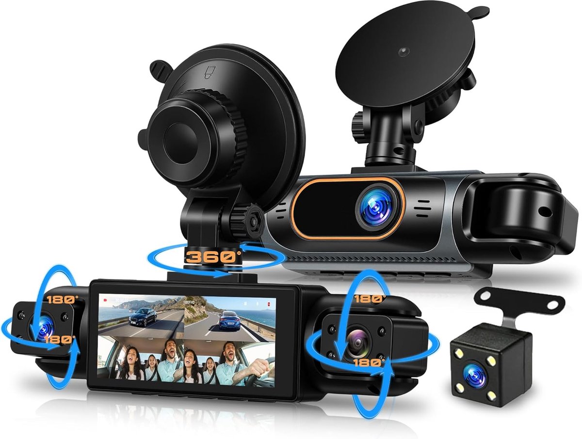 SnelShoppen - 1080P 4-kanaals 360° Dashcam Auto met 4 FHD Camera's voor en Achter, IR Nachtzicht, 3.16 inch Scherm, Loopopname, 24/7 Parkeerbewaking e