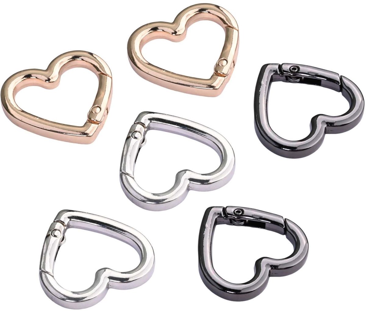Dailygoods - 6 Stuks Hartvormige Karabijnhaken Set, Kleine Metalen Haken Voor Sleutels, Rugzak En Buitengebruik In Goud, Zilver, Zwart