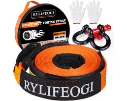Thijox - Sleepkabel 10 Ton (22.000 lbs), 5m x 5cm Heavy Duty Sleeptouw met 2 Versterkte Haken en 2 Handschoenen voor Off-Road Noodgevallen, Oranje