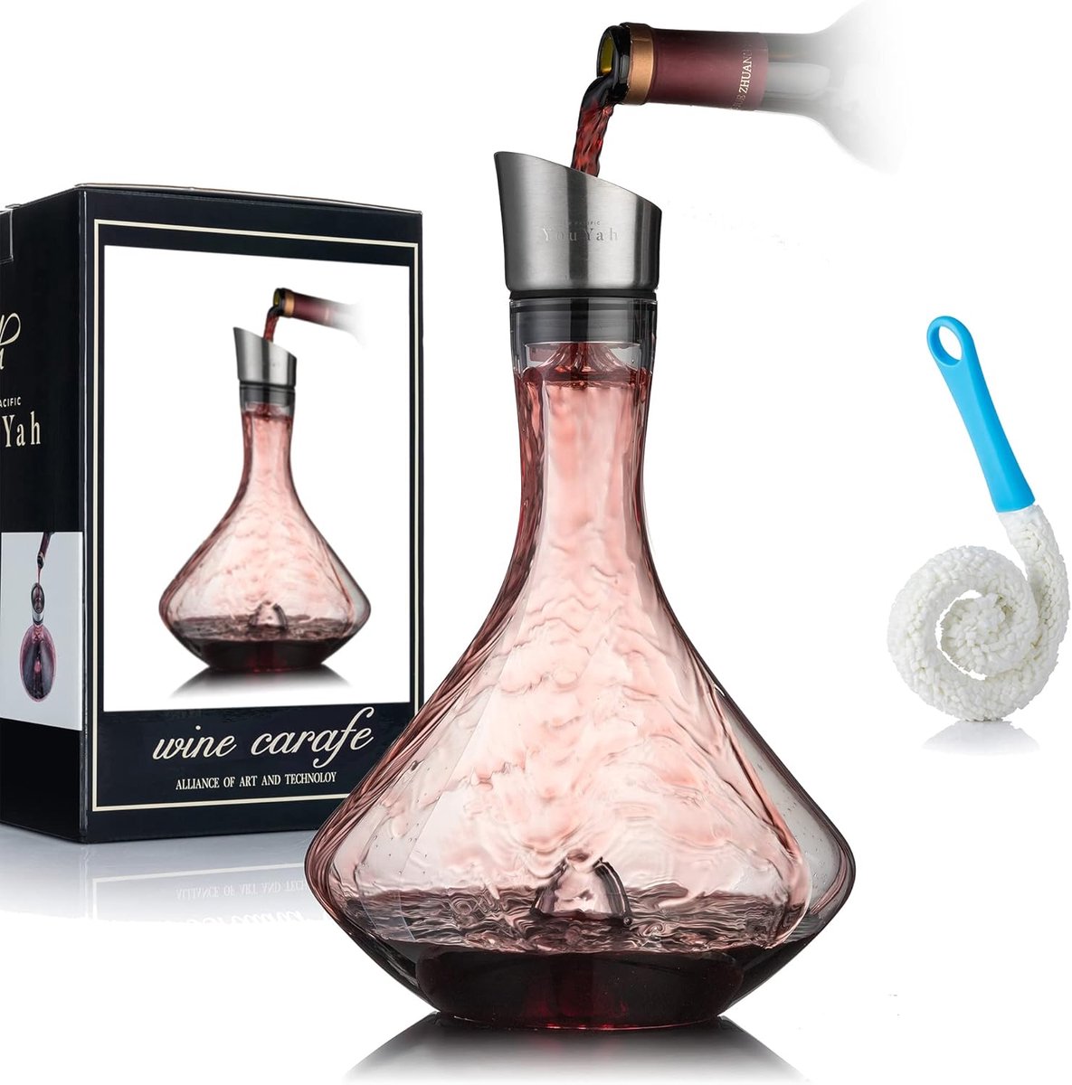 Thijox - Decanter Wijnkaraf met Ingebouwde Beluchter - Loodvrij Kristalglas, Roestvrijstalen Schenkdop en Filter - Perfect voor Rode Wijn, Feestjes en