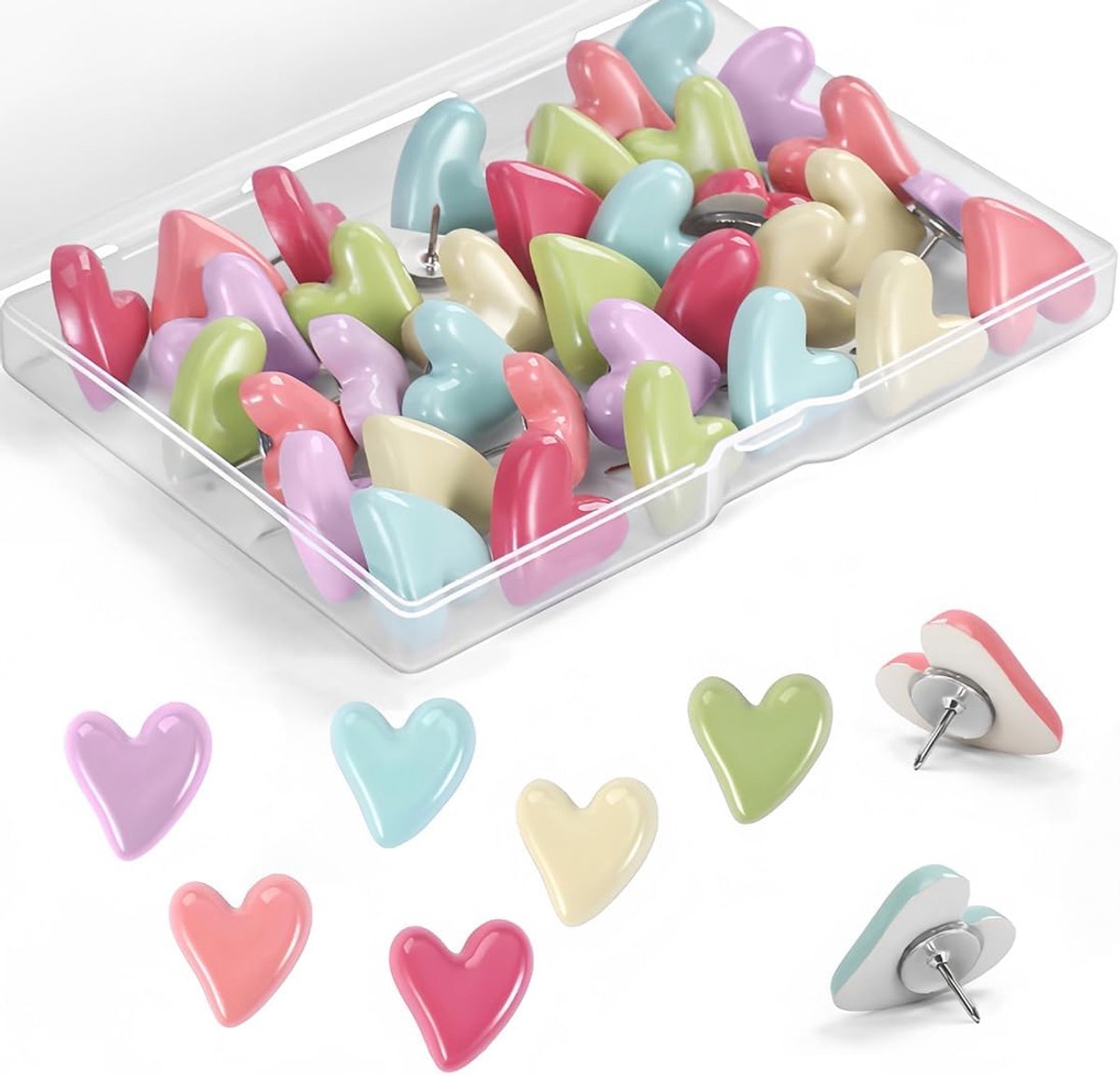 Dailygoods- Punaises Hartvormig - Set van 30 Stuks - 6 Pastelkleuren - Voor Prikbord/Kurkbord - Doe-het-zelf/Kantoor - Hoogwaardig Materiaal - Decoratieve Punaises