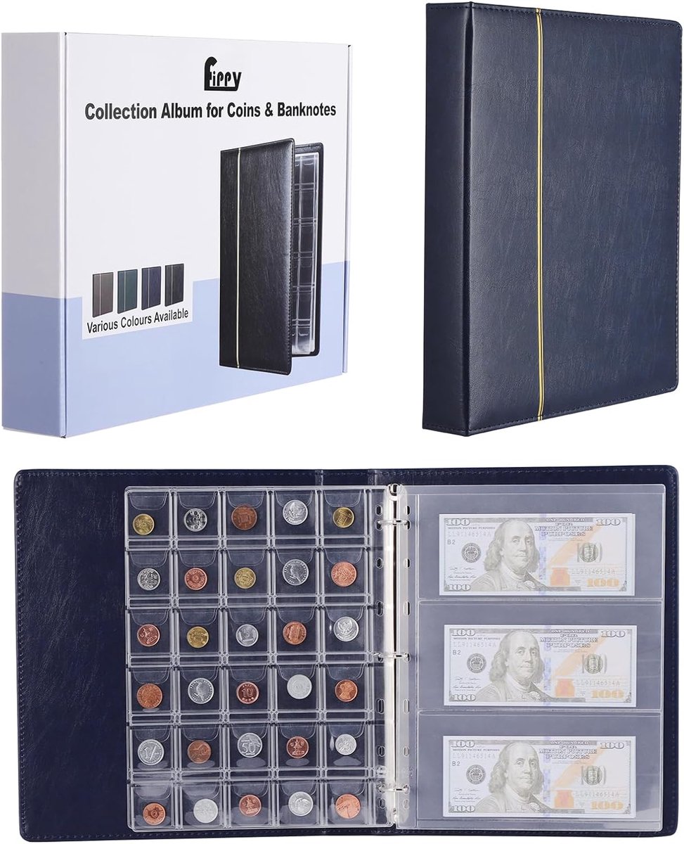 Dailygoods- Muntenalbum Dubbel PU Leer - Munthouder - Munten Verzamelmap - Bankbiljetten Album - Vochtbestendig - Perfecte Bescherming - Verzamelalbum