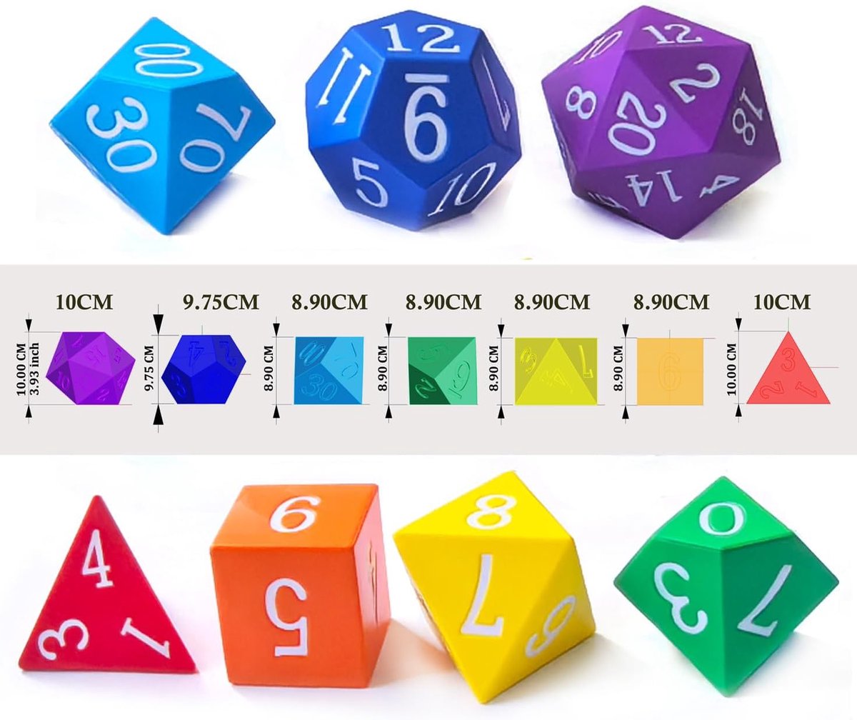 Thijox - 10CM Jumbo Foam 7 stks Polyhedral Dobbelstenen Set - Grote Regenboog Kleuren RPG Dobbelstenen voor Spellen, Leermiddelen en Educatieve Activi