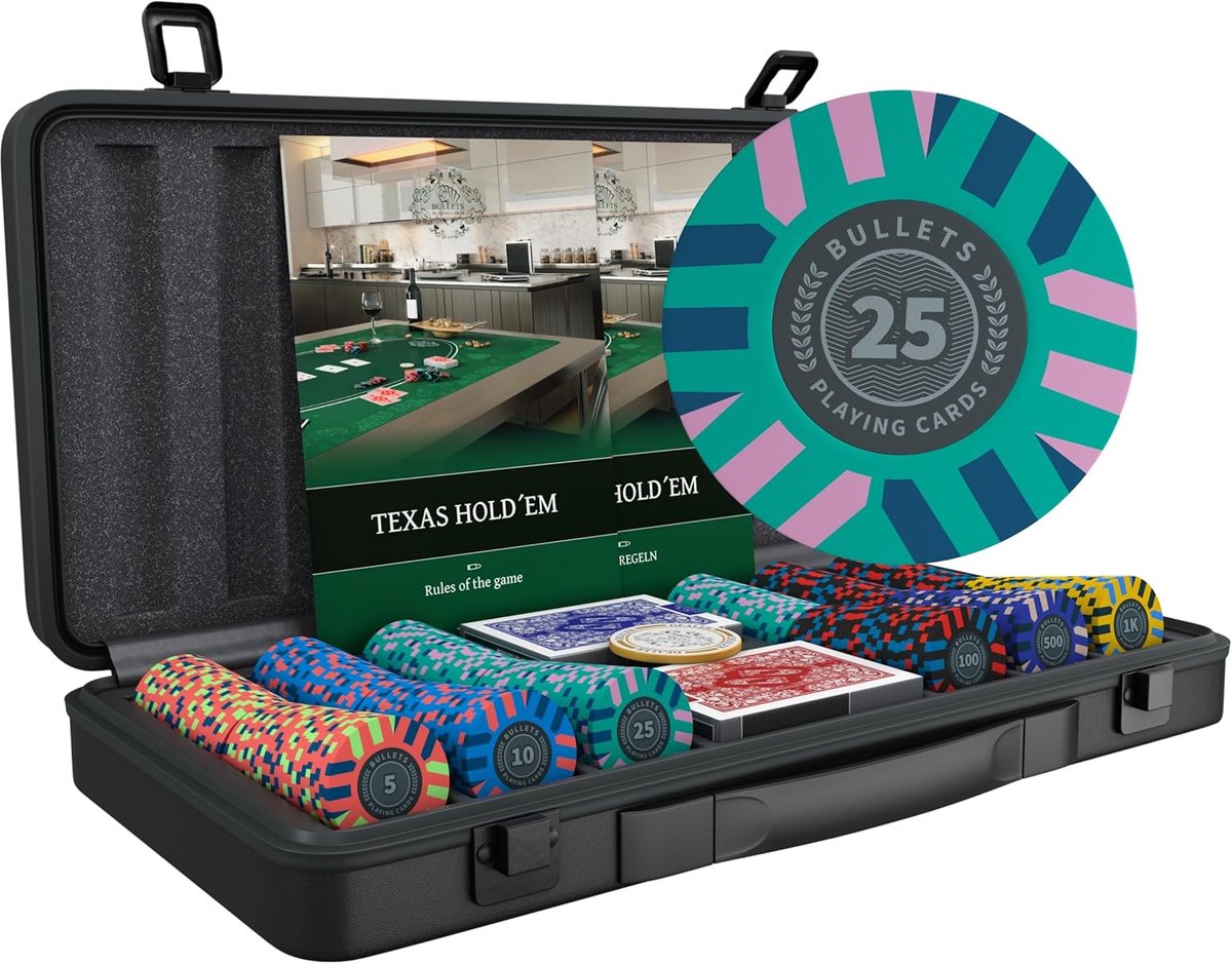 Thijox - Pokerkoffer Salvatore met 300 Clay Pokerchips 10g, Pokerset met Speelkaarten, Dobbelstenen & Dealer Button voor Feest, Thuis, Familie & Vrien