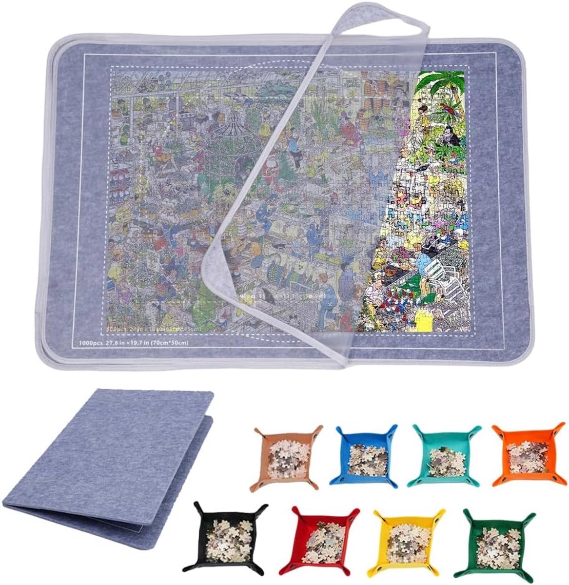 Thijox - Puzzlemat voor 1000 Stukjes, Inklapbare Puzzelplank 32x22 inch met Antislip, Stofbeschermingsdeksel & 8 Kleurgecodeerde Sorteerbakjes voor Th