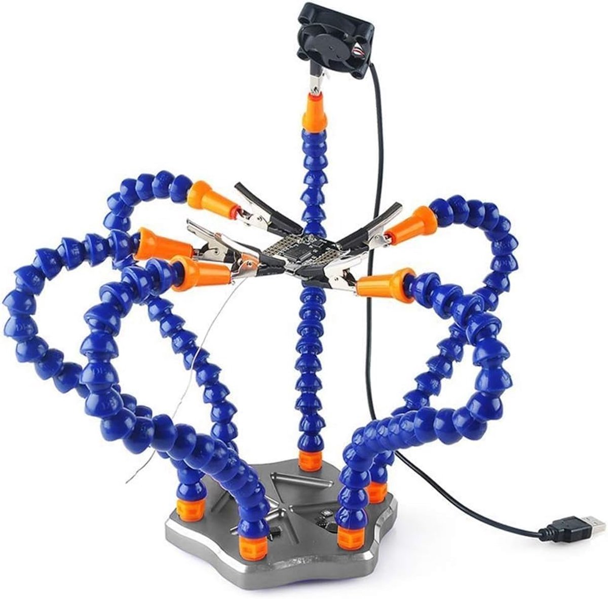 Thijox - Soldeerbouthouder met Flexibele Derde Hand, Hittebestendige Alligatorklemmen en Ventilator, Antislip Aluminium Basis, 6 Verstelbare Hulphande