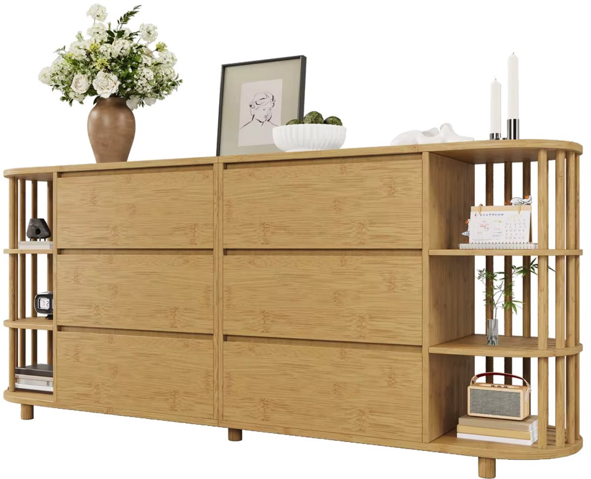 Emvae Dressoir - Opbergkast - Halkast - 6 Lades - Open Planken - MDF en Bamboe - Eiken - L160 x B40 x H75 cm
