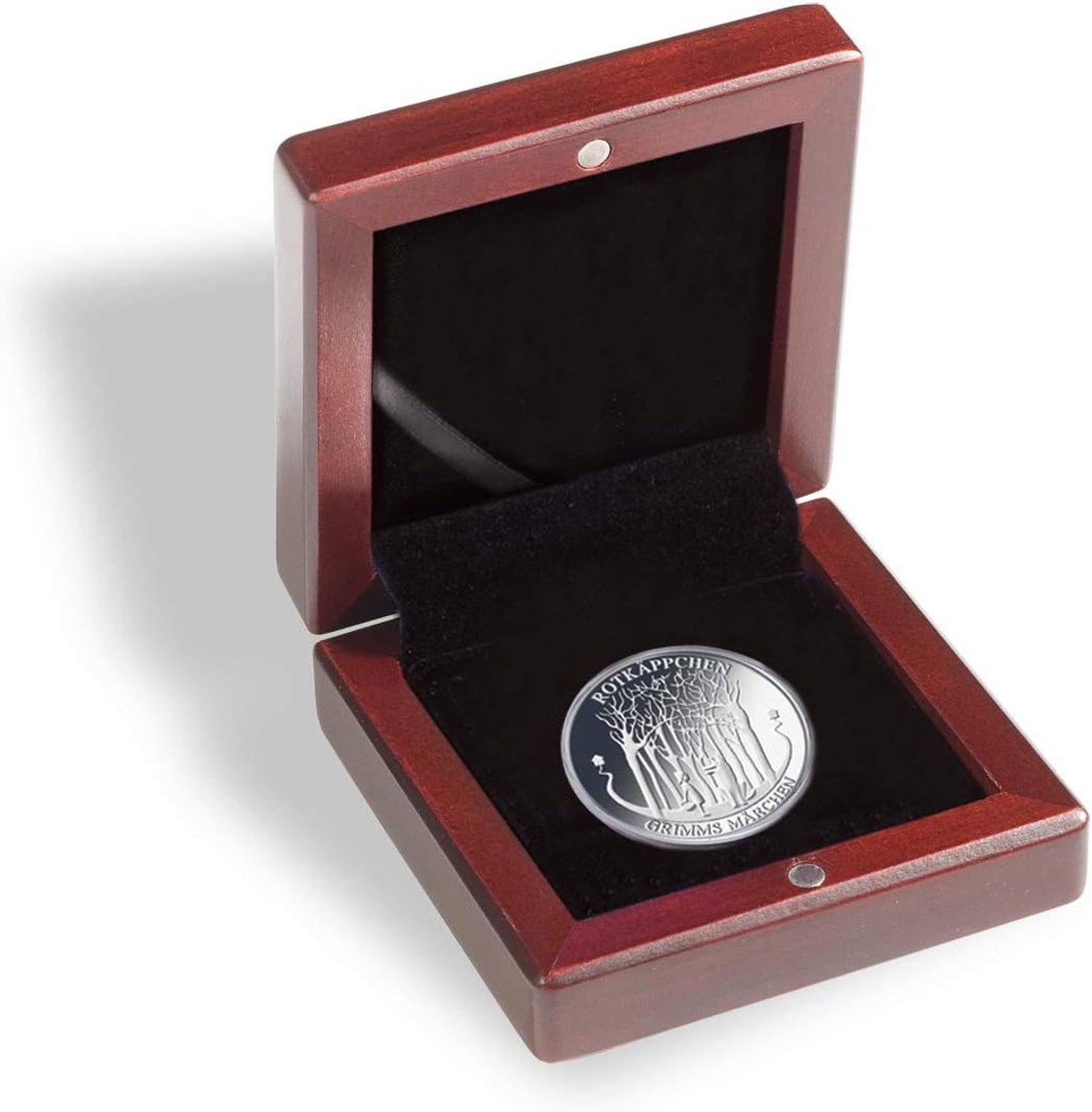 Thijox - Small Coin Box VOLTERRA voor 1 Munt tot 41 mm Ø - Hoogwaardige Mahonie Houten Munt Etui met Donkerblauw Zijde Binnenkant