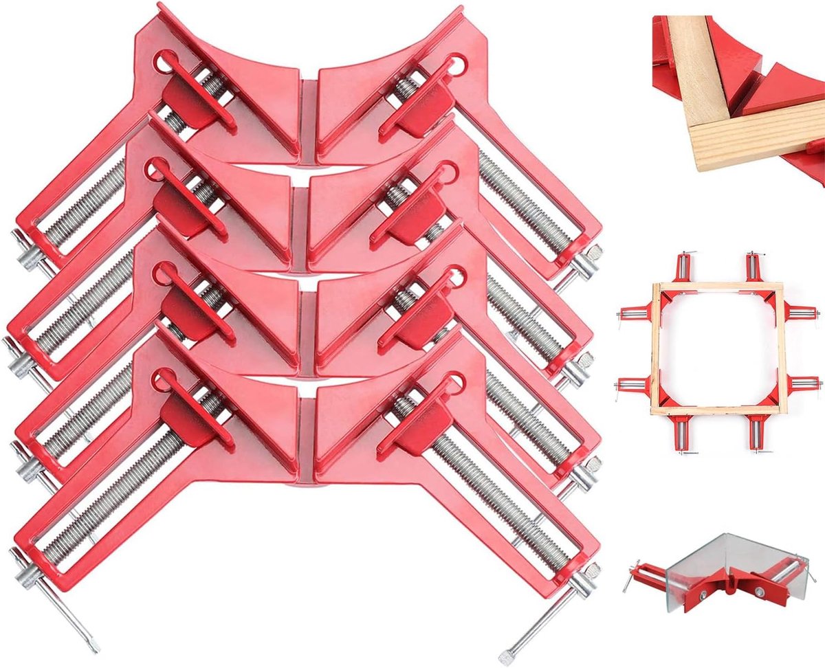 Thijox - 4 stuks 90 graden haakse klemmen voor houtbewerking, DIY hoekklemmen voor fotolijsten, aluminium, rood, verstekklem voor precisiewerk
