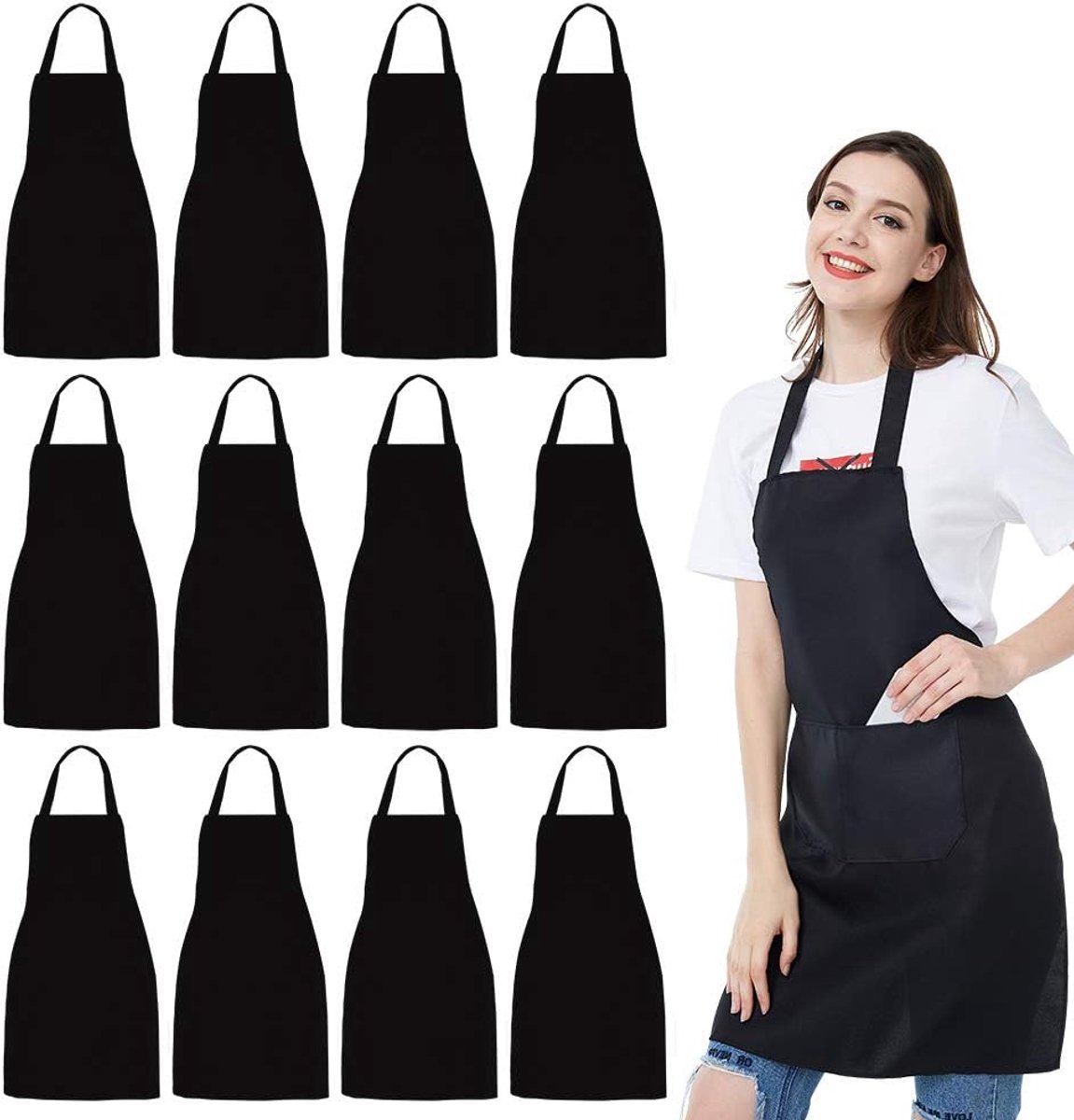 Thijox - 12 Pack Unisex Zwart Bib Schorten met 2 Ruime Zakken - Machine Wasbare Keuken, BBQ, Crafting, Tekening Schorten - Duurzaam en Gezond