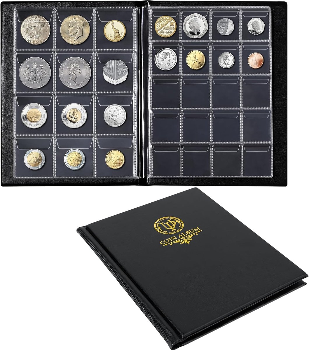 Thijox - Muntenalbum met 160 vakken - 10 vellen, verschillende formaten, munthouder, raster 45x43/33x33 mm, voor ponden, pence, centen en dollars - Zw