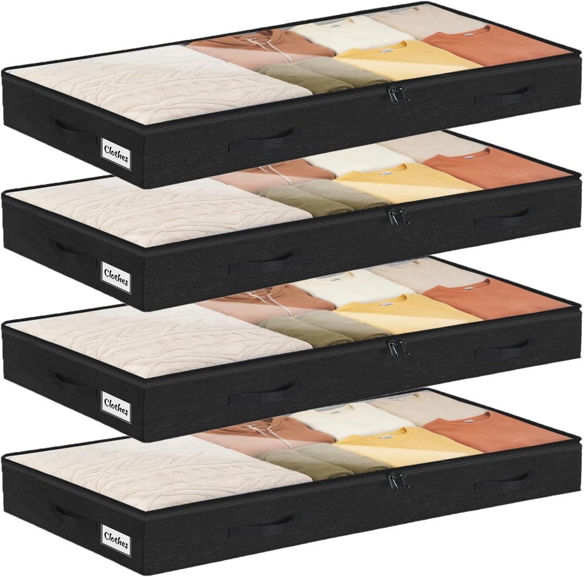 Thijox - Onderbed Opbergbox 4 Stuks met Transparant Deksel, 10 cm Hoog Kledingopslag, Duurzaam Materiaal, Opvouwbaar, 4 Handgrepen, 2 Ritsen, Organisa