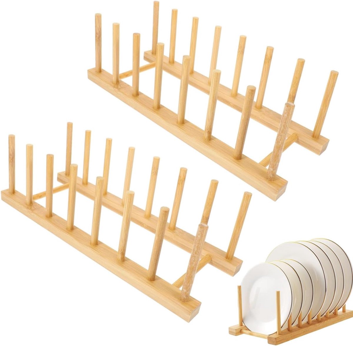 Thijox - Afdruiprek Bamboe 2 Stuks - Bordenhouder, Pannendekselhouder, Keukenaccessoires, Duurzaam Hout, Ideaal voor Kasten, Snijplanken, Kopjes en Wi