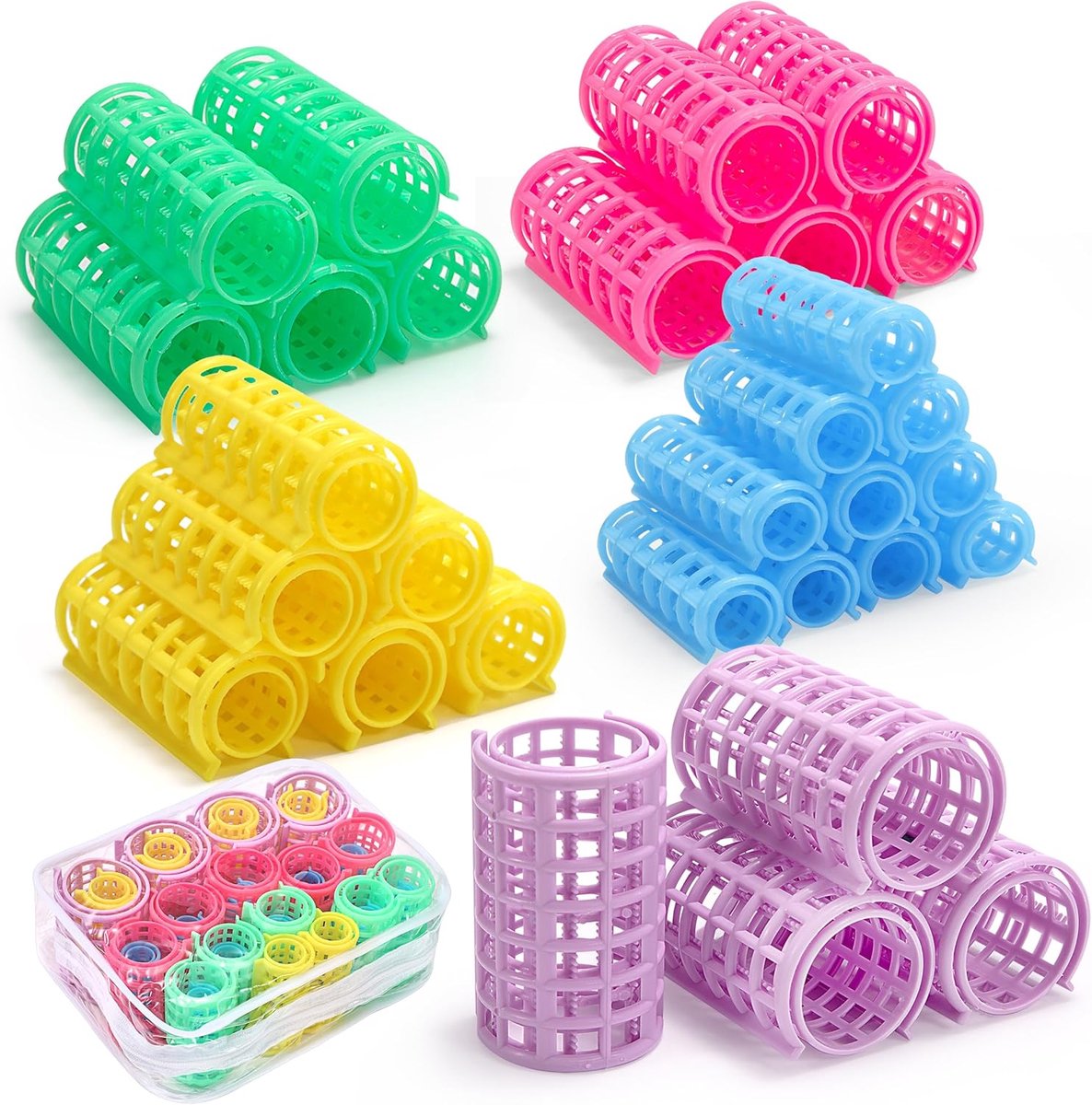 SnelShoppen - 30 Stuks Plastic Haarrollers in 5 Maten - Warmtevrije Curlers voor DIY Haarstijl - Retro Krullen, Golven en Luchtige Fringes - Random Kl
