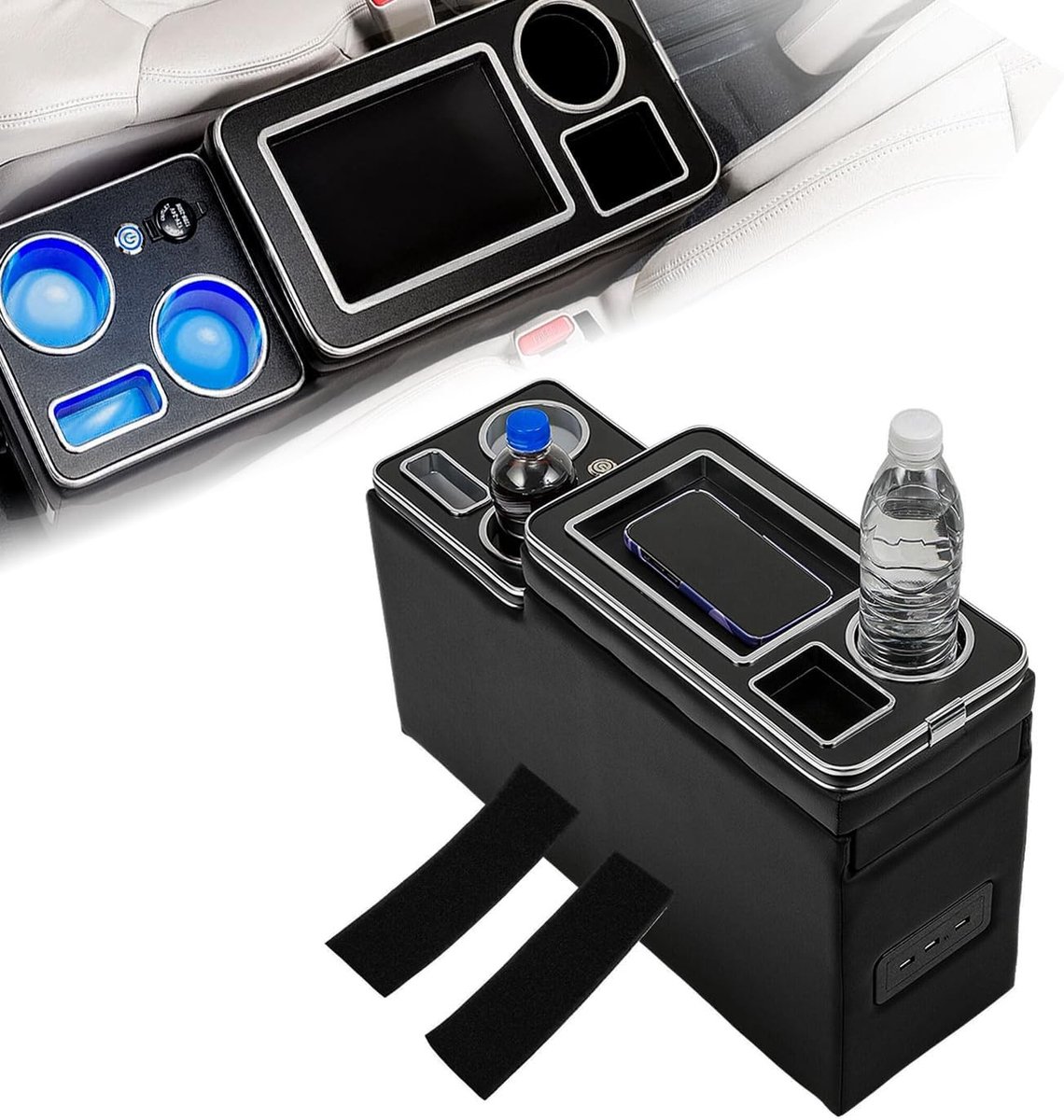 Center Console met Opbergvakken, Drinkhouder, USB Aansluiting en LED Verlichting voor VW T5 T6 T6.1, Zwart, Perfect voor Organisatie en Comfort