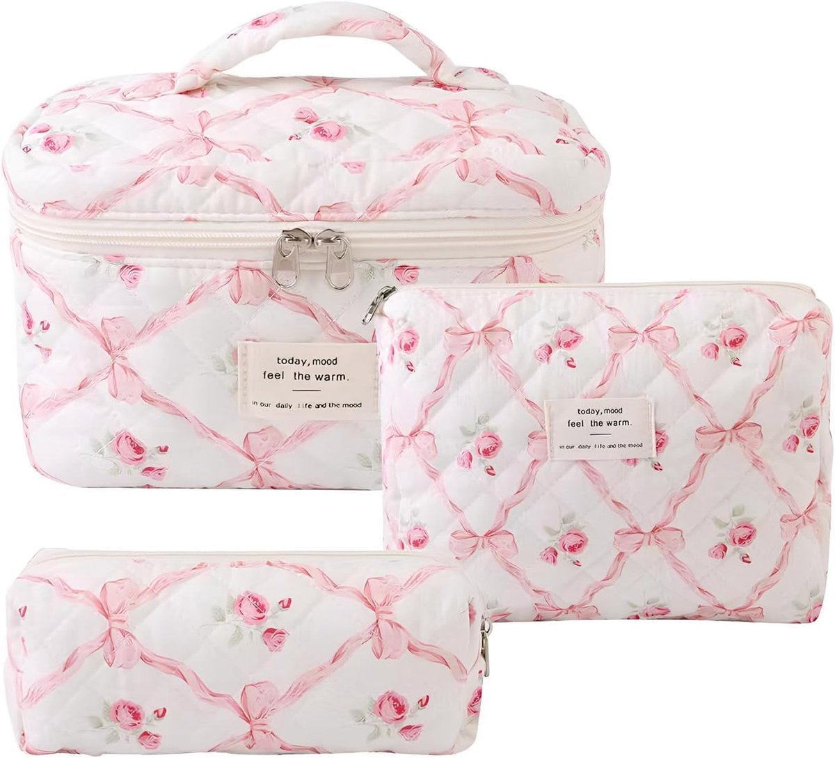 Thijox - 3-delige dames reis toilettas set - Cosmetica tas met bloemenpatroon - Roze en wit - Slijtvast en duurzaam - Perfect voor make-up, reizen en