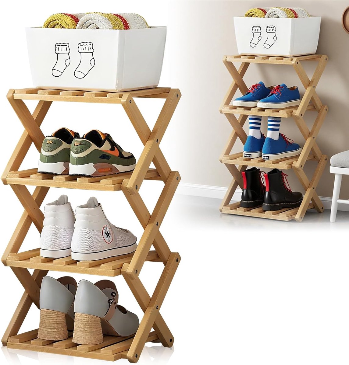 Thijox - Verticaal Schoenenrek Klein - 4 Niveaus - Draagbaar Houten Schoenenrek - Bamboe Opvouwbare Schoenenorganizer - 54 x 26 cm - Vrijstaand Smal S