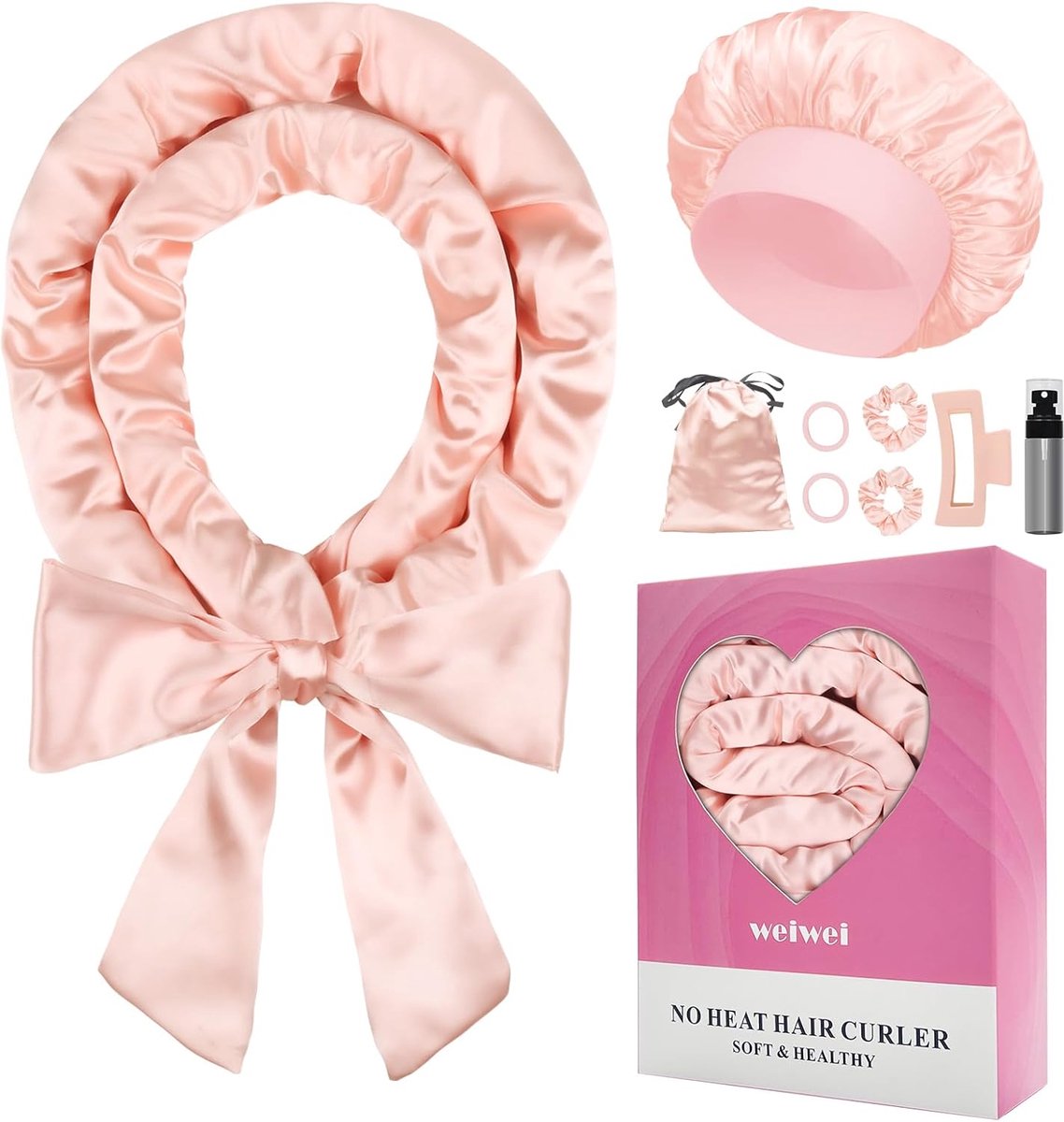 Thijox - Set van 9 Warmtevrije Krulspelden - Satijnen Haarrollers voor Hittevrije Krullen - Ideaal voor Lang en Kort Haar - Roze - Perfect om te Slape