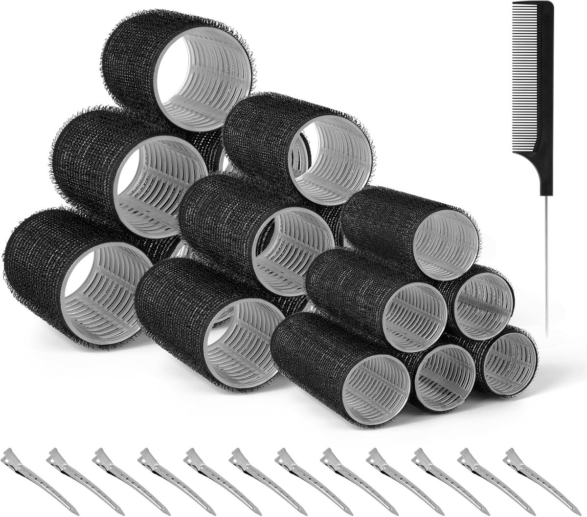 Thijox - Set van 31 Zwarte Krulspelden, Zelfklevende Haarrollers 40mm, 30mm, 20mm met 12 Haarspelden, Hittevrije Krullers voor Lang en Kort Haar, Perf