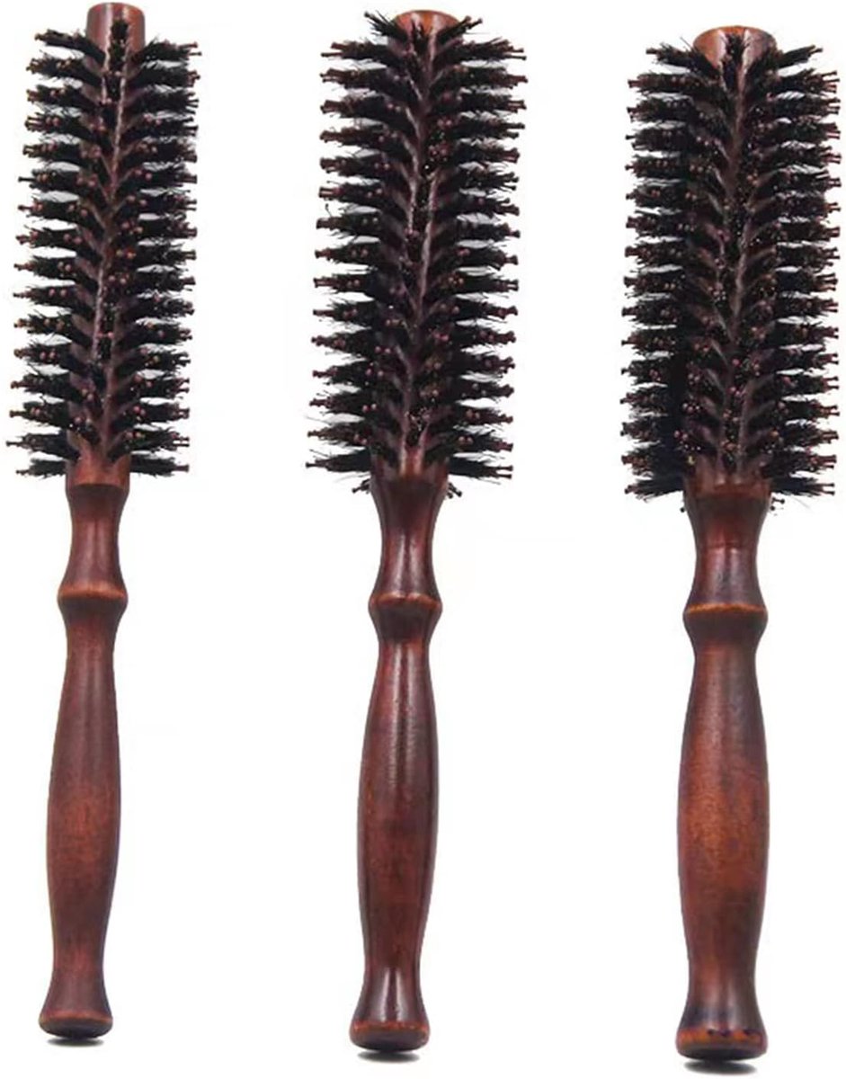 Thijox - 3 Stuks Ronde Haarborstel met Wildzwijnharen en Houten Handvat - Haarborstel voor Gladmaken en Krullen - 5 cm, 4,7 cm, 4 cm - Perfect voor Th
