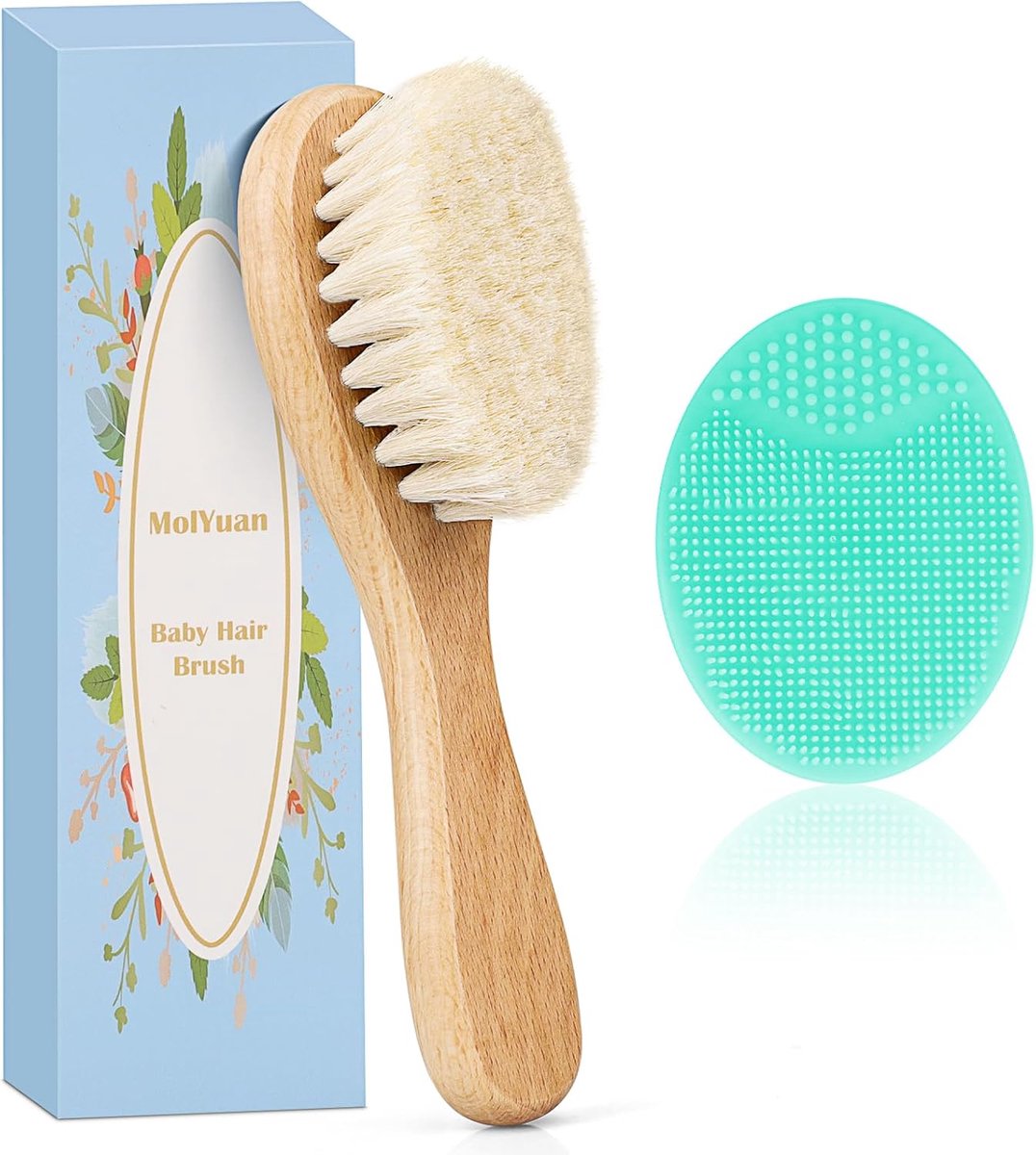 SnelShoppen - 2 Delige Baby Haarborstel Set, Natuurlijke Geitenhaar en Groene Siliconen Borstel voor Cradle Cap, Houten Borstel voor Pasgeborenen en P