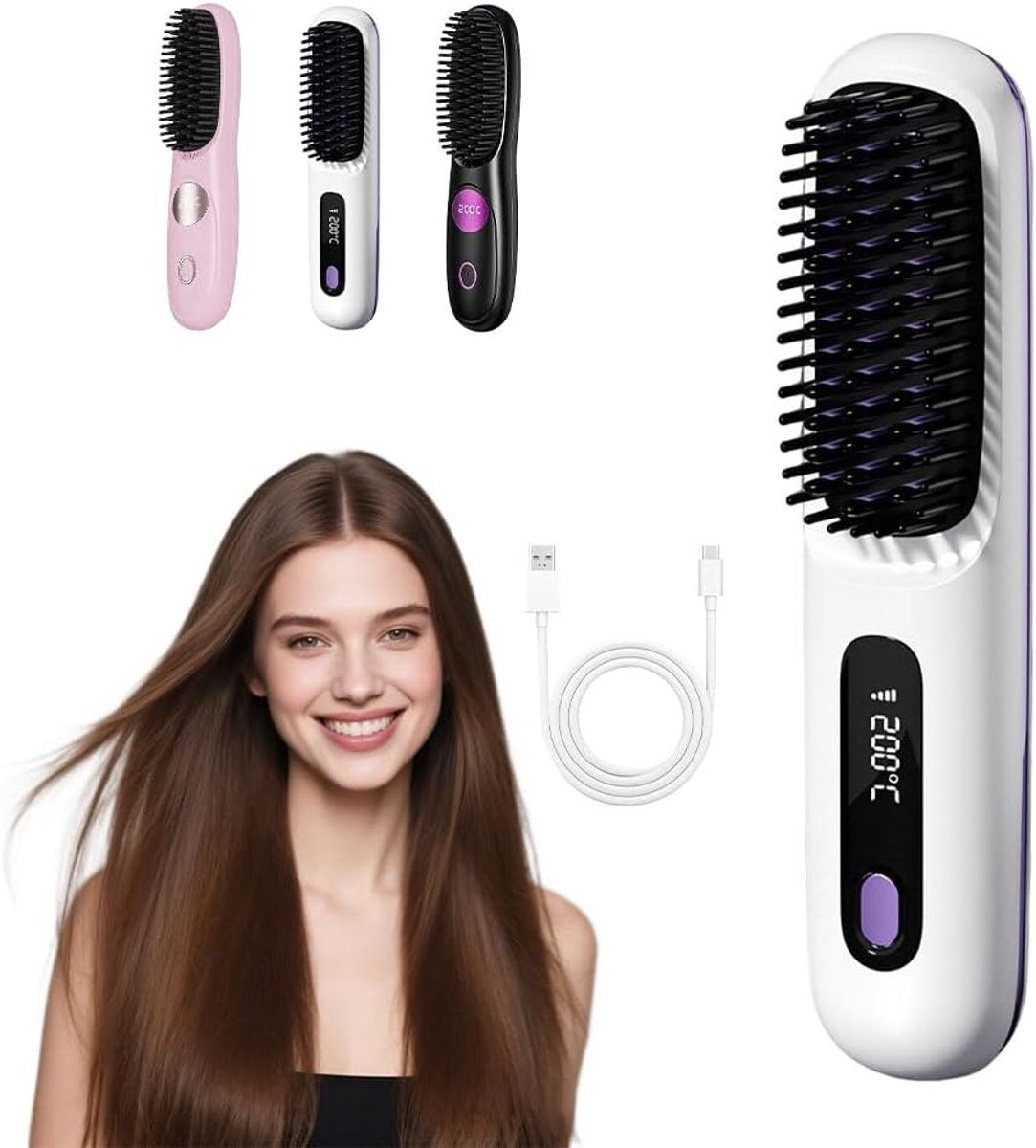 Thijox - Draadloze Stijlborstel, Keramische Haarborstel, Elektrische Haarborstel met 3 Temperaturen, USB-Oplaadbaar, Draagbare Haarstyler voor Glad Ha