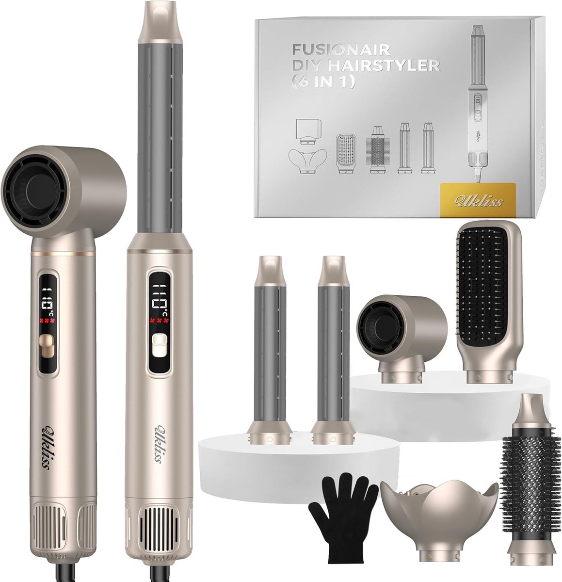 Thijox - 6-in-1 Haarstyler met LCD-display en Föhn, Electrische Krulborstel, Ronde Borstel, Ionen Haardroger, Hot Air Brush voor Alle Haartypes, Perfe