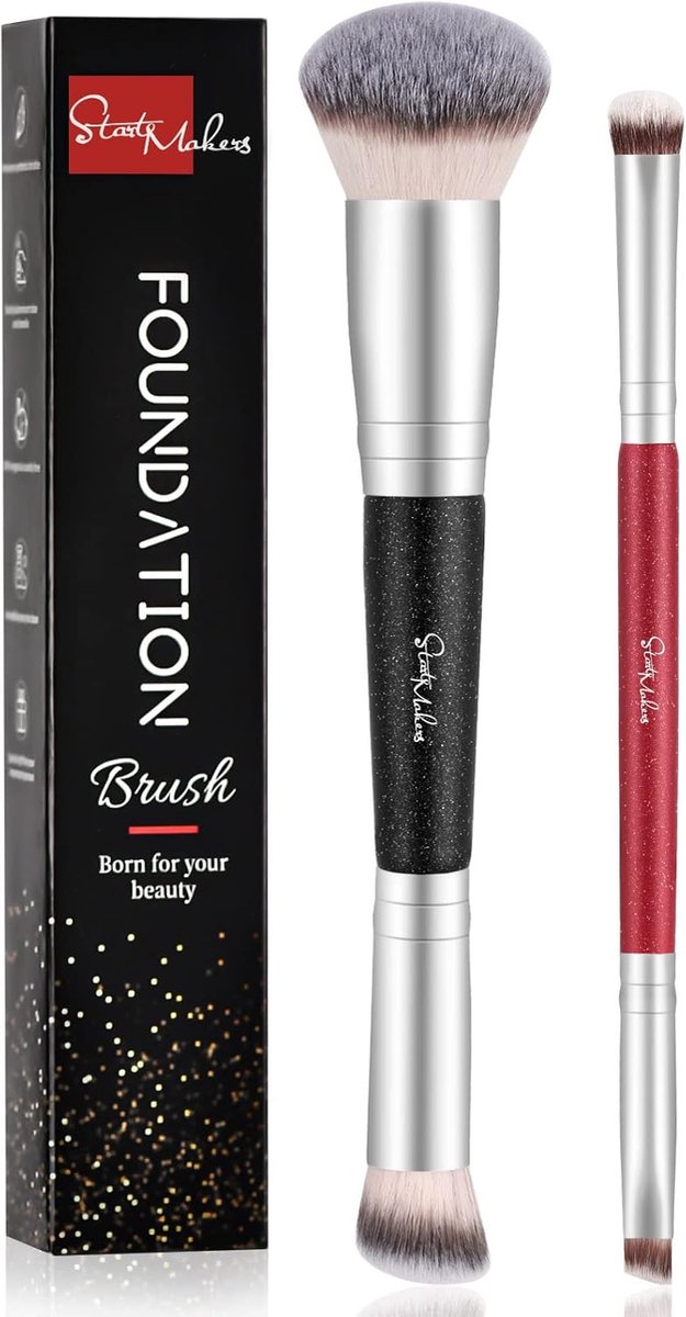 SnelShoppen - Foundation Brush Set 2 Pack Dual-ended 2-in-1 Kabuki Makeup Brushes voor Polijsten, Blenden, Sculpten, Markeren en Contouren