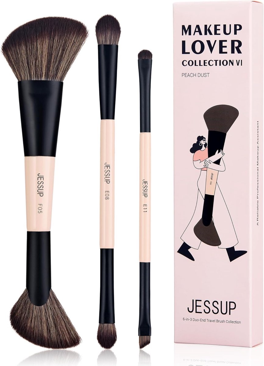 Thijox - Reis Make-up Borstel Set - 3pcs Multifunctionele Make-up Kwasten - Dubbelzijdige Oogschaduwborstel, Contour Borstel, Eyeliner Borstel - Peach