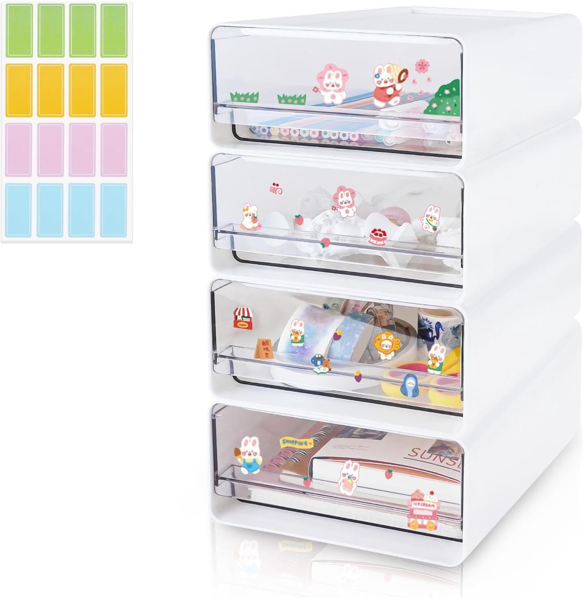Thijox - 4 Stuks Stapelbare Bureau-Organizer met 4 Laden, Transparante Witte Ladendozen met Etiketten, Kunststof Opbergdoos voor Make-up, Thuis, Make-