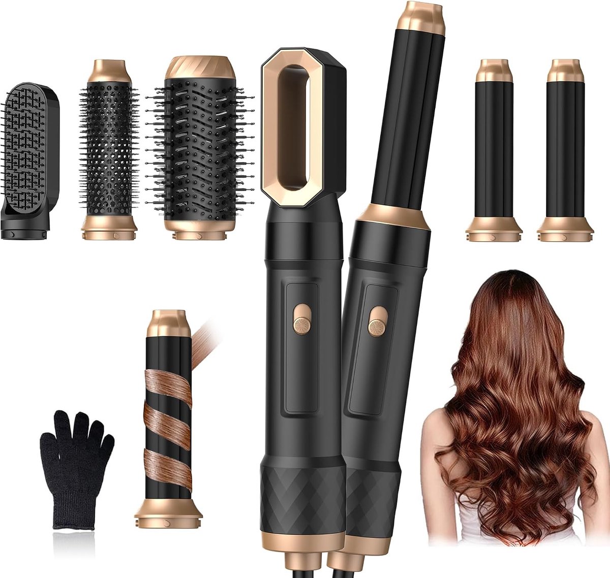 Thijox - Hairstyler 6-in-1 Air Styler Set, 1000 W, Ronde Föhnborstel, Haarstyler voor Drogen en Stylen, Air Curler, Warmluchtborstel, Glanzend en Mult