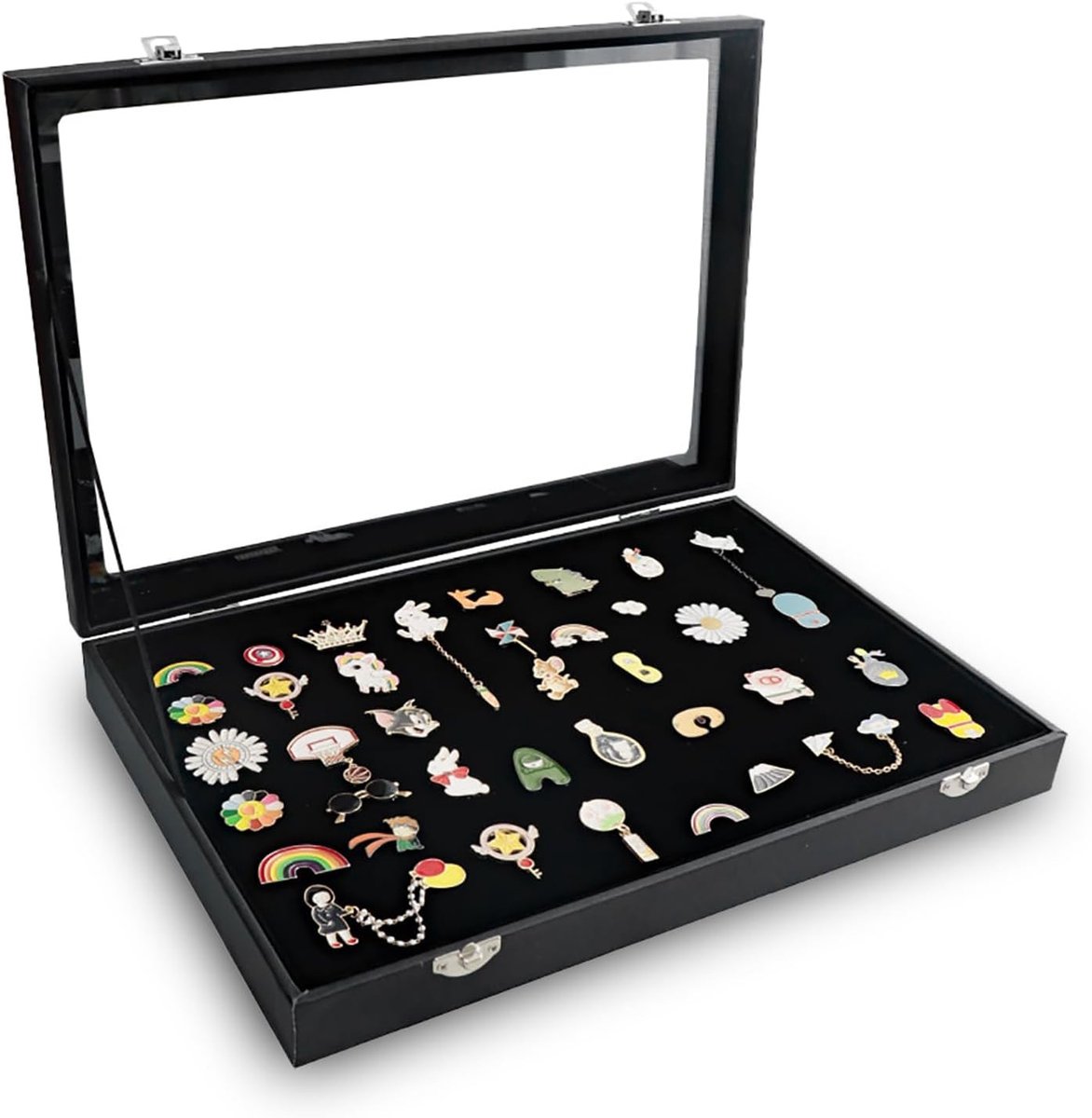 Grote capaciteit vitrinekast voor het tentoonstellen van pins en sieraden, stofdicht en van glas, 35 x 24 x 5 cm