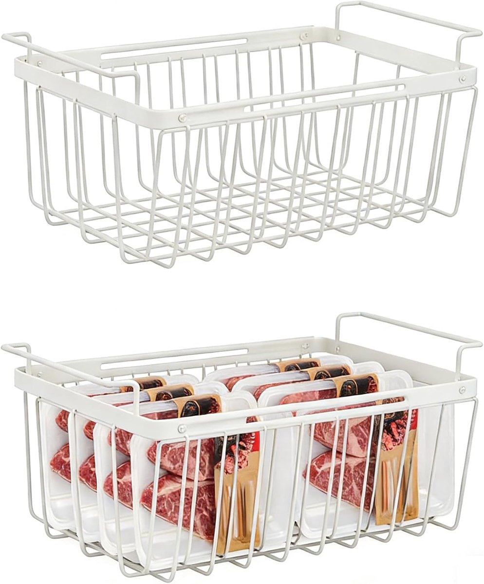 Thijox - Vrieskast-organizer Set van 2, Uitbreidbare Vrieskist, Stapelbare Metalen Vriesmand met Handgrepen, 39-59,5 x 17,5 x 17 cm, Wit voor Keuken,