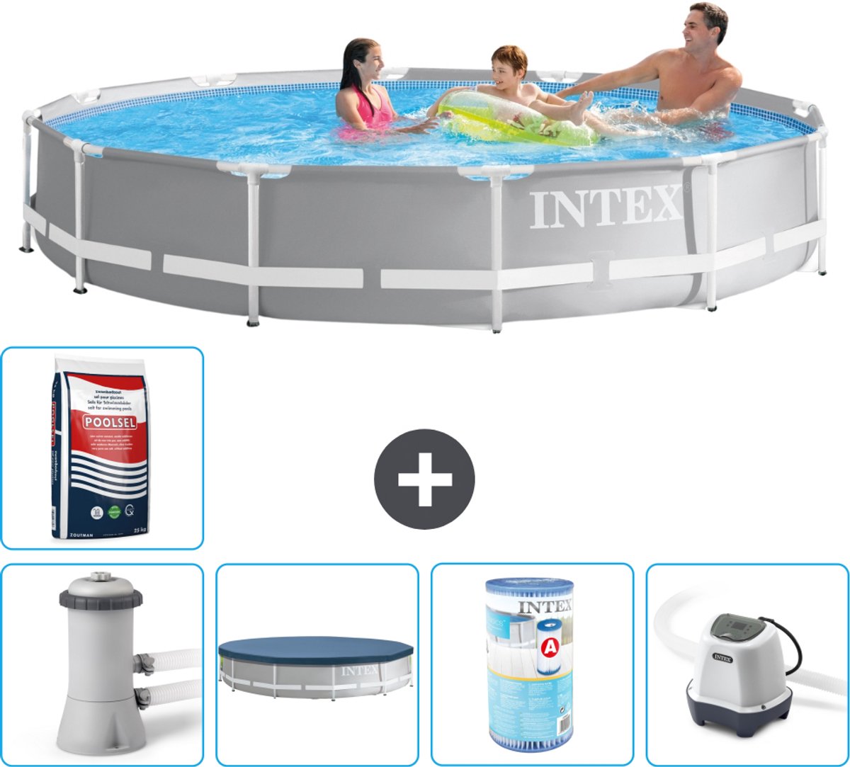 Intex Rond Prism Frame Zwembad - 366 x 76 cm - Grijs - Inclusief Pomp - Afdekzeil - Filter - Zoutwatersysteem - Zwembadzout - 6-delig