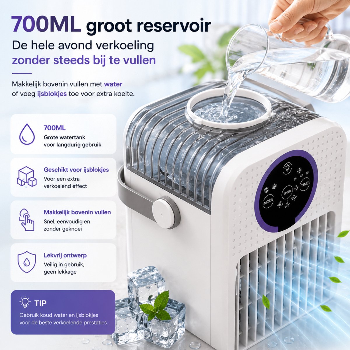 DreamGoods Aircooler - Verkoelen Met Water of IJs - 3-in-1 Luchtkoeler - Koelen, Ventileren & Bevochtigen - 700ML Watertank - Aircooler met Koelelementen - Air Cooler - Ventilateur - Mobiele Airco - Mini Airco zonder Afvoerslang - Koelventilator – foto 6