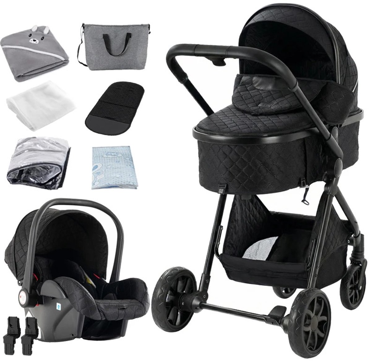 Brandistry - 3 in 1 kinderwagen - Kinderwagen - Maxi Cosi - Wandelwagen - Lichtgewicht - Incl. Regenhoes - Patroon - Zwart
