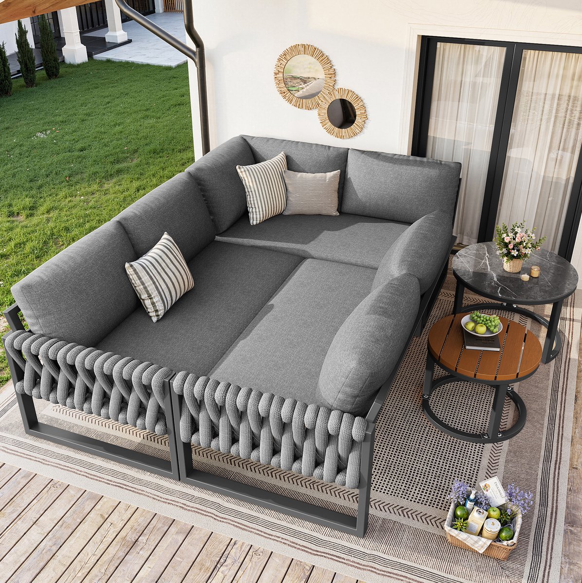 DESMIU Loungeset 123 x 68 x 86 cm - Modulaire Hoek Loungeset Met Waterafstotende En Afneembare Kussens - Voor Balkon Tuin En Terras - Metaal Grijs