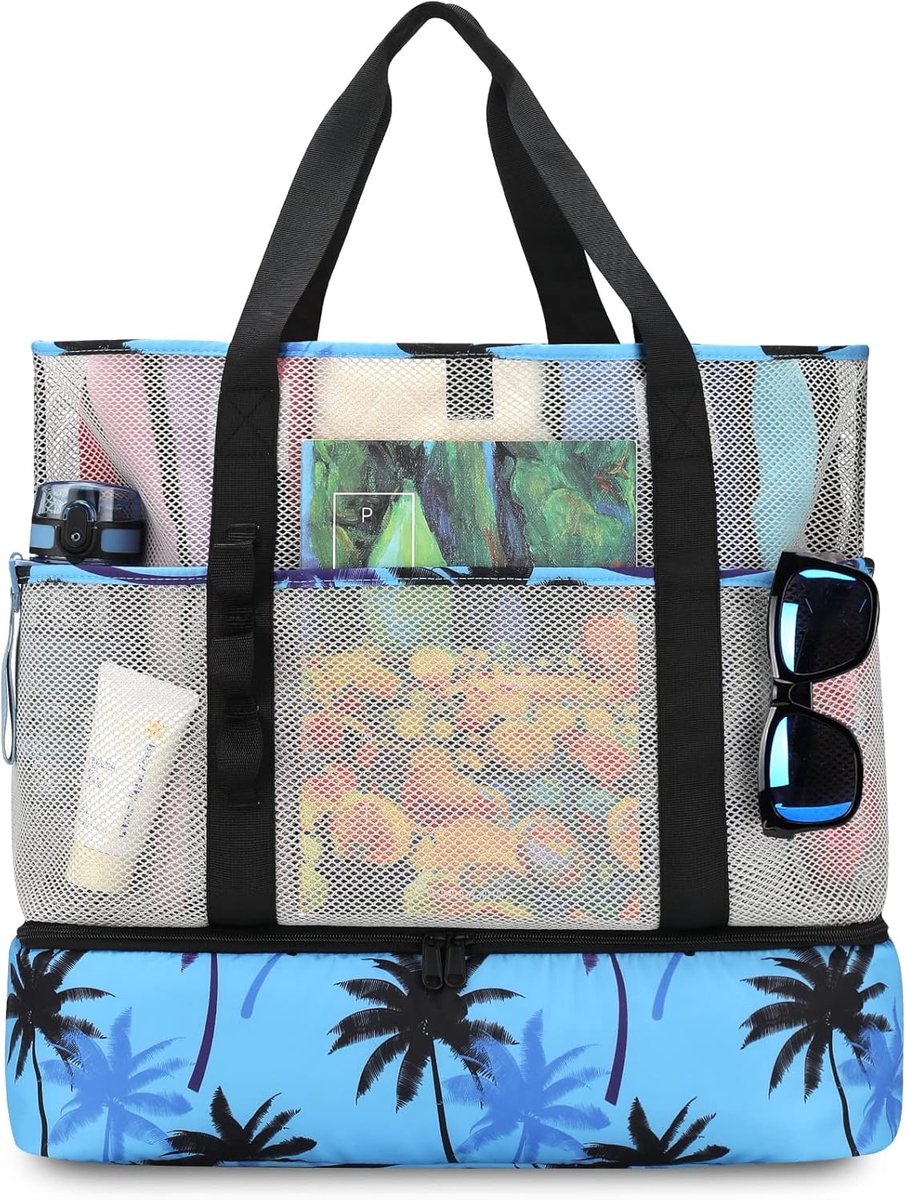 Thijox - Strandtas met koeler voor vrouwen - Zandbestendig mesh strandtassen - 8 vakken - Ideaal voor zwembad, zwemmen, reizen en dagelijks gebruik -