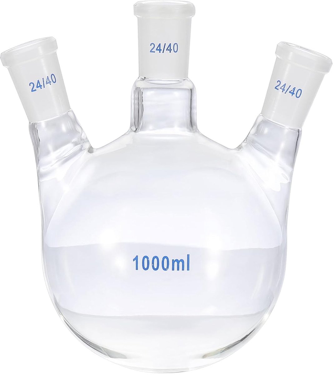 Waterbal 1000 ml van borosilicaatglas, drie halzen, ronde bodem, dikke wand, laboratoriumgebruik, standaard aansluiting 24/40, transparant en duurzaam