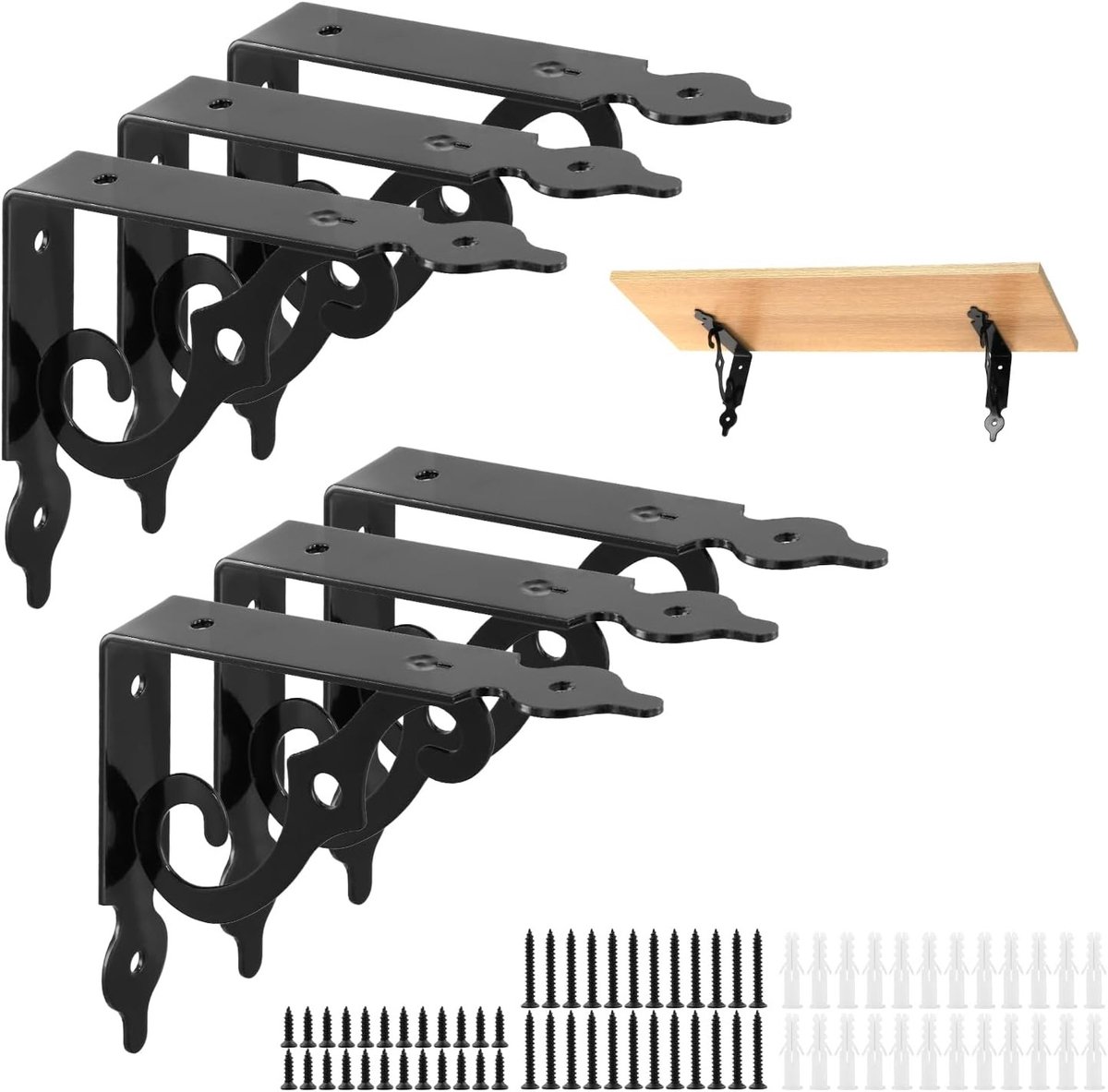 Set van 6 L-vormige Wandplank Steunen, 14x11cm Zwarte Metalen Plankhouders met Schroeven voor Stabiliteit en Ondersteuning
